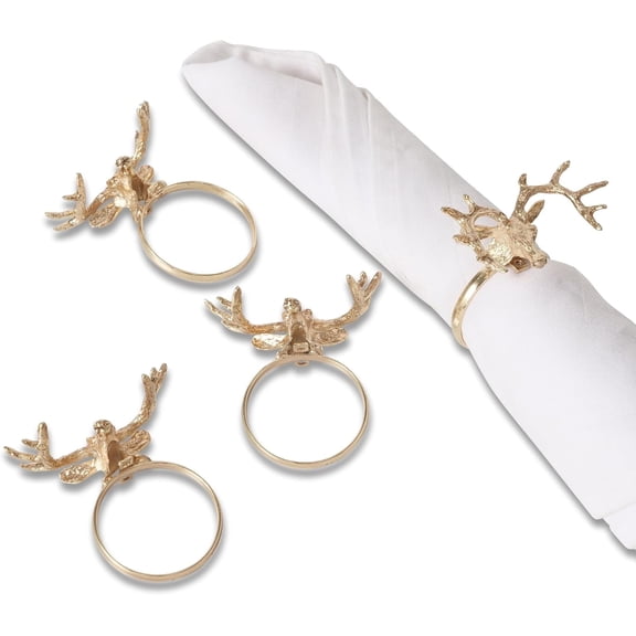 Rustic Antler Head Napkin Rings, Handcrafted, Gold, Iron, 4-Pack