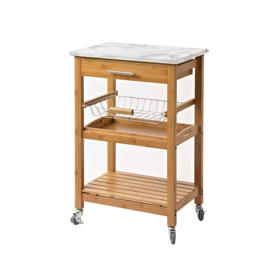 Aya Bamboo Kitchen Cart with Faux Marble Top