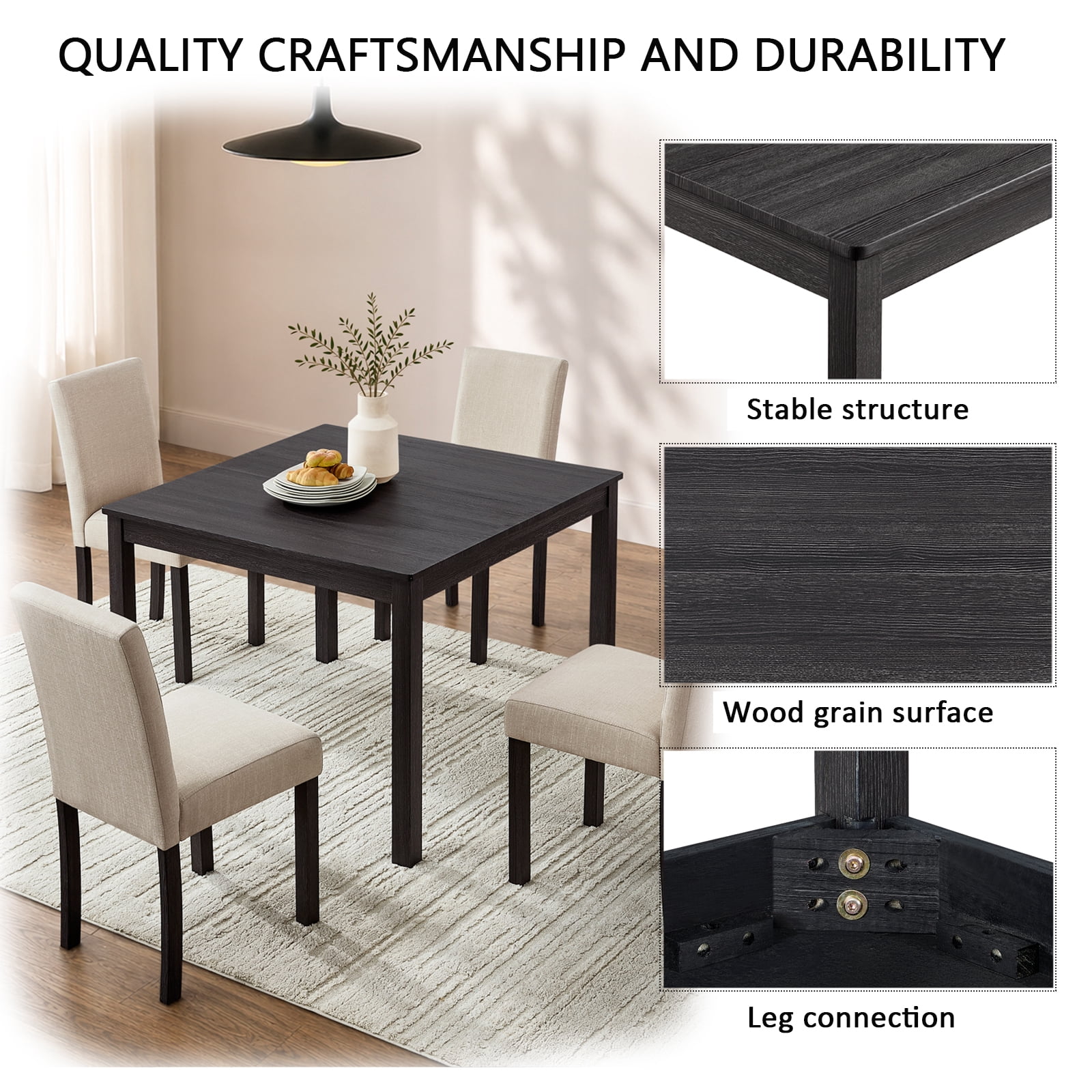 5-Piece Dining Table Set for 4, 39" Square Kitchen Table with 4 Fabric Chairs