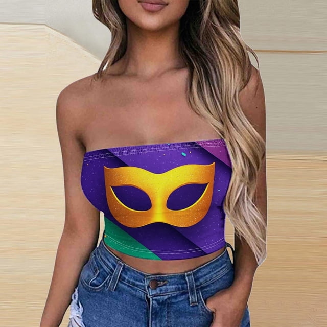 TIMIFIS Mardi Gras Femmes Hauts Courts Sans Bretelles Grande Taille Mode Carnaval Imprimé Sans Manches Tops de Fête