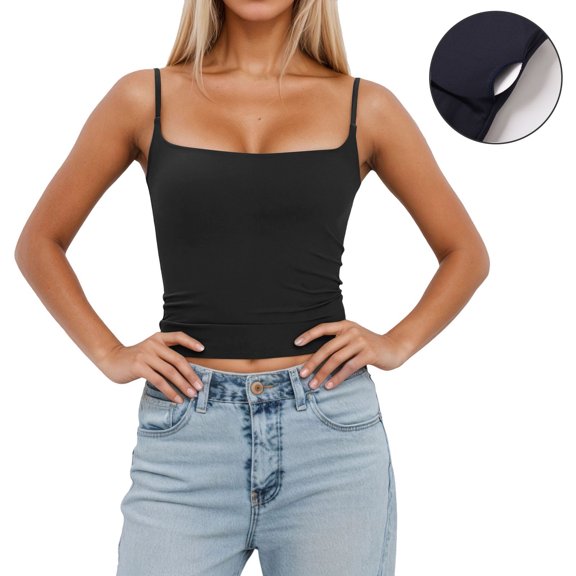 Womens Camisole Tank Tops Black Camisole Built in Bra Adjustable Spaghetti Strap Cami Tanks Under Tank Tops for Women