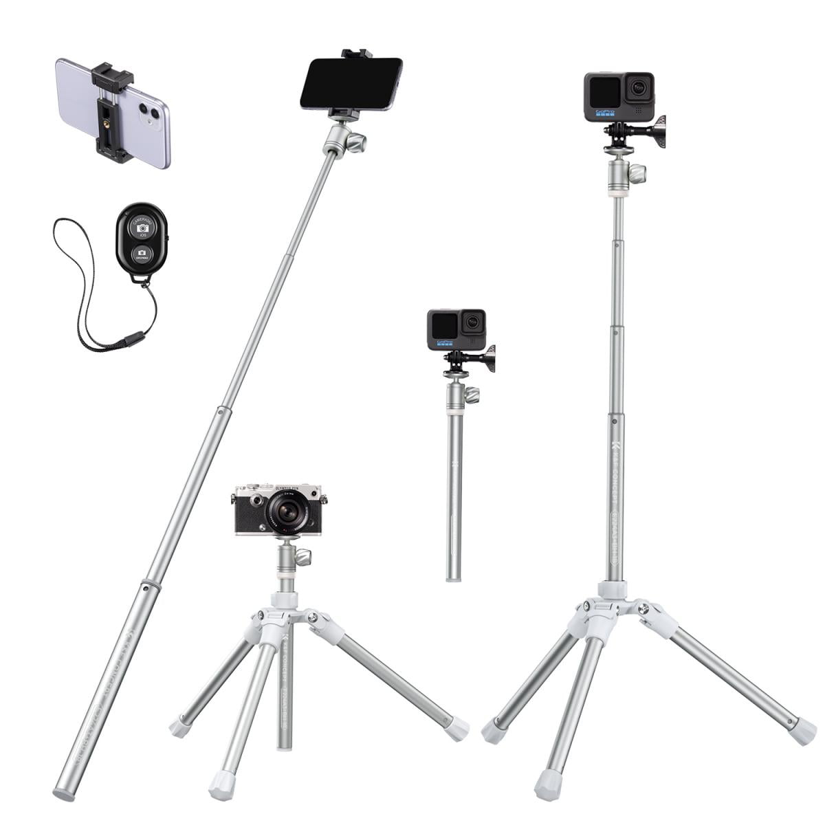 K&F Concept 67"/170cm Aluminum Selfie Stick Tripod, Extendable Monopod Tripod, Portable Smartphone Mount with Wireless Remote Control for DSLR Camera Cellphone- Silver