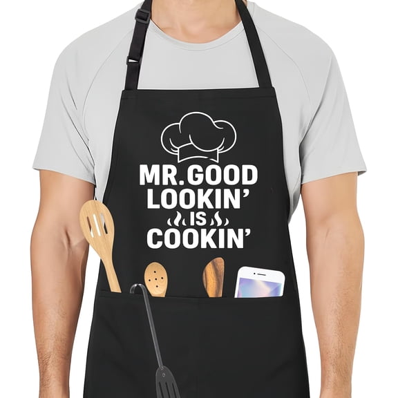 Mr. Good Lookin is Cookin Funny Aprons for Men with 2 Pockets, Cooking Apron for Dad, Gag Gifts for Men, Adjustable Grilling Apron for Husband, Chef Kitchen Gifts for Birthday & Father‘s Day - A22