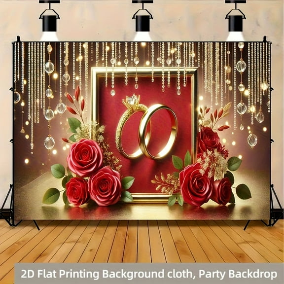 Elegant Red Rose Wedding Backdrop Golden Glitter Dots Ring Bridal Shower Photography Background Crystal Tassels Red Floral Engagement Anniversary Party Decorations Banner Supplies Photo Booth Props