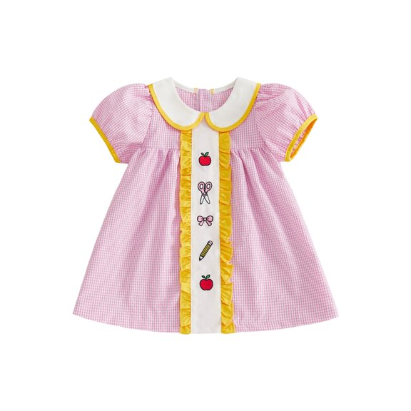 BemeyourBBs Toddler Baby Girl Back To School Dress Kindergarten Outfits Baby Girls First Day of School Outfit Apple Stationery Embroidered Plaid Ruffled Doll Collar Short Sleeve Summer Casual Dress