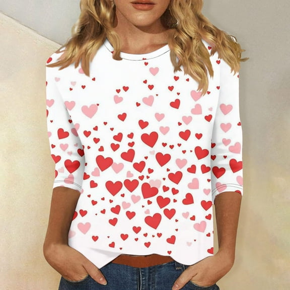 VKOYWKM Heart Print Tops for Women Valentines Day T-Shirts 3/4 Sleeve Tops Cute Love Graphic Tees Crew Neck Holiday T-Shirts Valentines Day Gifts