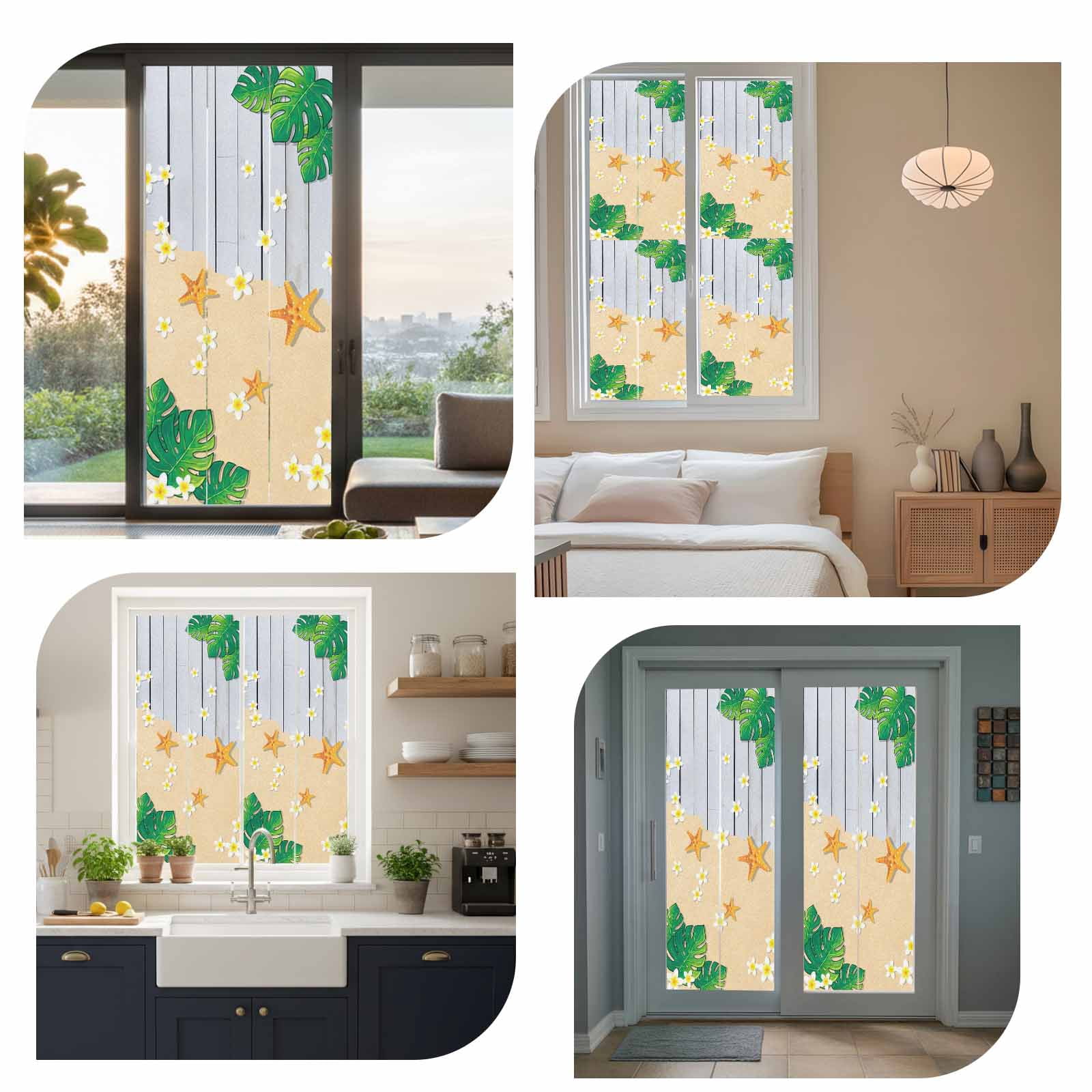 Tropical Summer Beach Window Privacy Film, Starfish Floral Monstera Gray Wood Frosted Glass Window Clings Static Cling UV Heat Blocking Reusable Door Sticker for Bathroom 23.6 x 59 Inch