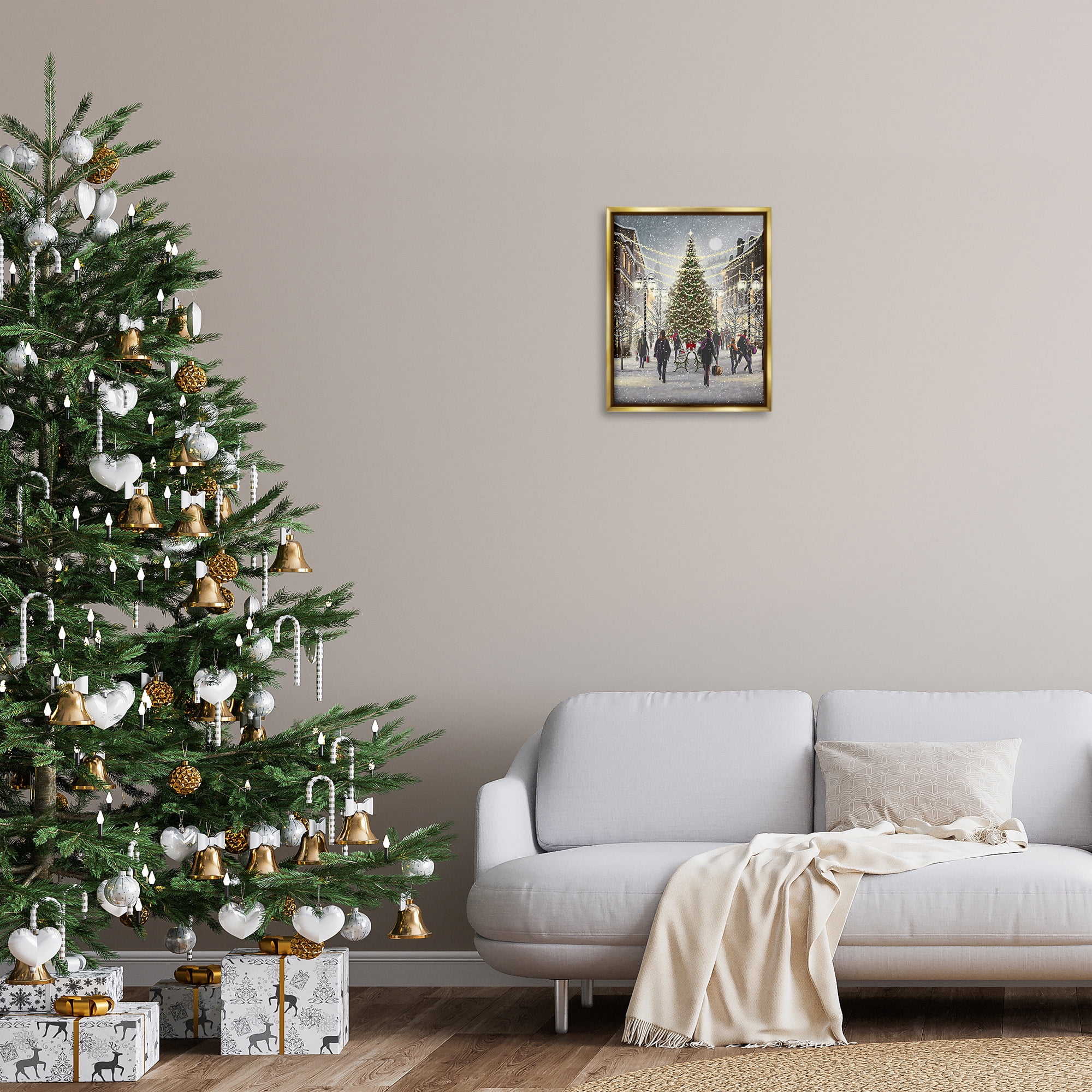 Stupell Industries Town Christmas Tree Holiday Painting Gold Floater Framed Canvas Art Print Wall Art, 17 x 21