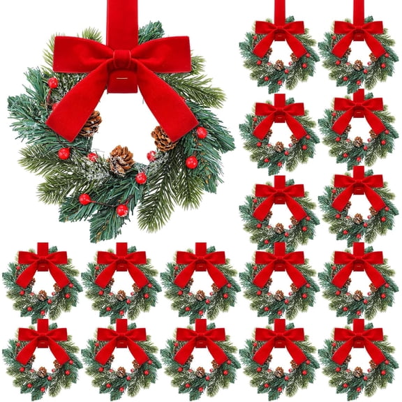 18 Pcs Mini Christmas Wreaths for Cabinet Kitchen Windows Decors Bulk with Red Bow Small Artificial Norfolk Farmhouse Wreaths with Berry Pine Cone for Fireplace Front Door Porch Wall Hanging