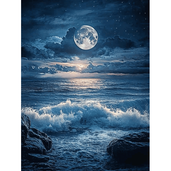 Moonlit Ocean Waves Decor/Canvas Art, Suitable for Living Room, Bedroom, Office, Dining Room,Restaurant, Cafe, Bar, Beach House Decoration