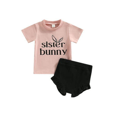 

aturustex Easter Infant Baby Girls Outfit Rabbit Letter Print Short Sleeve T-Shirt Top Solid Shorts Suit 2Pcs 0-24 Months