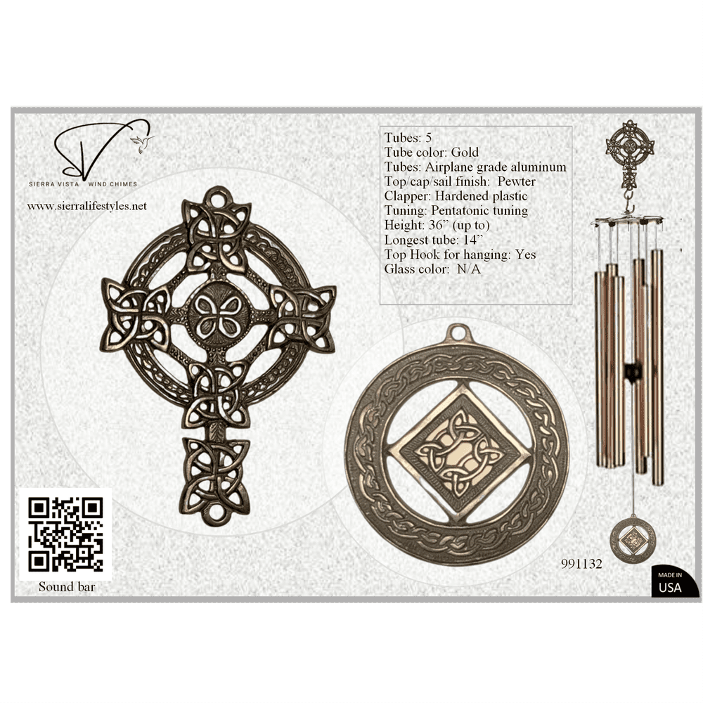 Wind Chime - 36in Cross/Celtic - Gold Tube