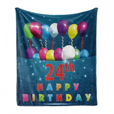 24th Birthday Soft Flannel Fleece Throw Blanket, 24th Birthday Party Joyous Mood Occasion Flying Baloons Stars Happy Vibes, Cozy Plush for Indoor and Outdoor Use, 70" x 90", Multicolor, by Ambesonne