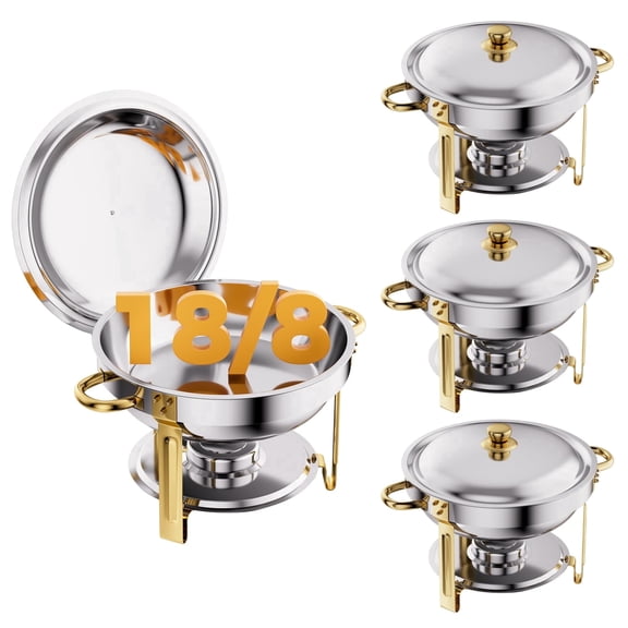 CAMMOO Gold 4 Pack 6QT Chafing Dishes Buffet Set, 18/8 (304) Stainless Steel Food Warmers for Parties Buffet Catering Events Dinners,Round