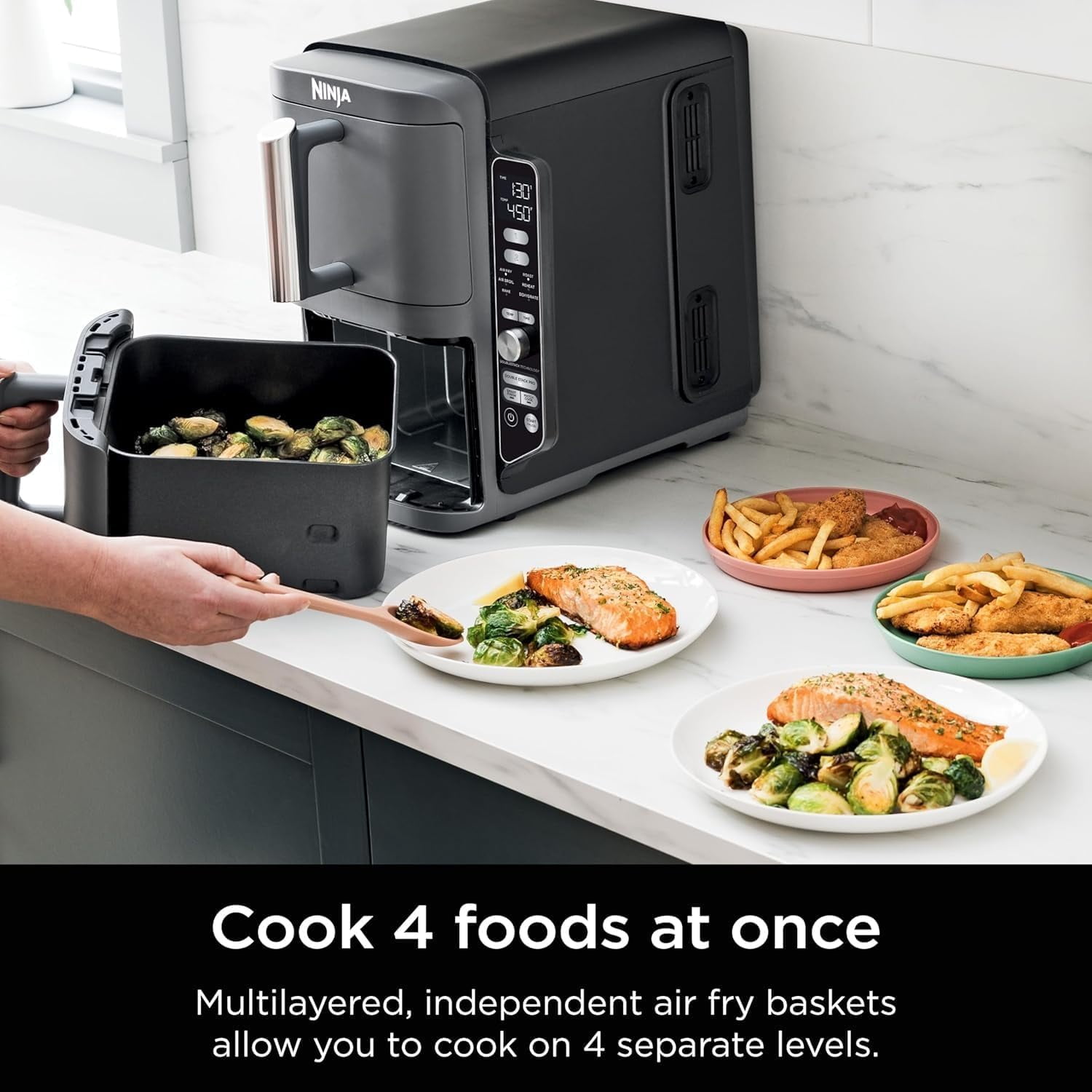 Restored Ninja SL401 DoubleStack XL 2-Basket Air Fryer, Cooks 4 Foods at Once, Compact Design, 10 QT, 6-in-1,  Easy Meals, Easy Clean,Grey (Certified) (Refurbished)