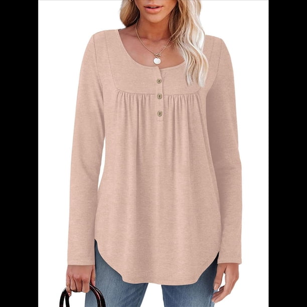 Camisas de Larga para Mujer, Conjuntos de Otoño, Cuello Redondo, Túnicas Casuales, Blusas de Moda, Ropa de Moda. Rosa M