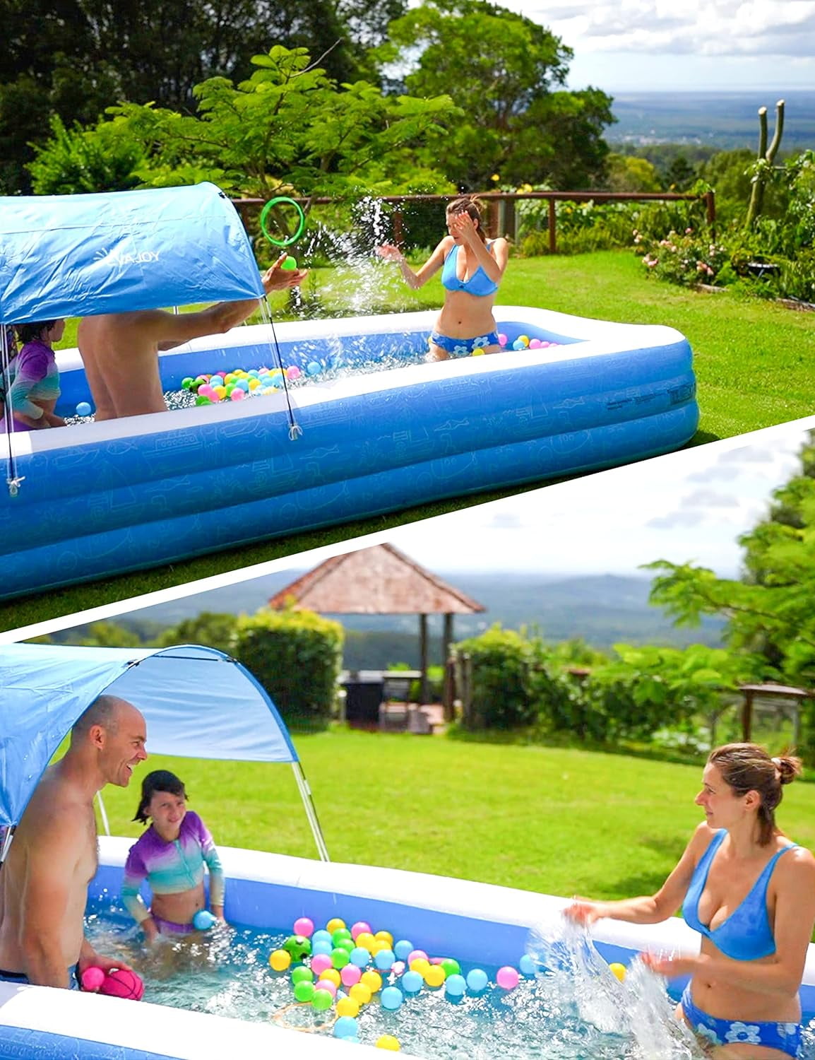 Large Inflatable Swimming Pool with Canopy, 120” x 70” x 20” Full-Sized Inflatable Pool for Kids & Adults, Kiddie Pool with Sun Shade, Blow Up Pool for Backyard, Garden, Age 3+, Blue