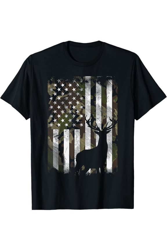 Camo US Flag Deer Elk Buck Hunting Hunter Dad Gift Short Sleeve Men T-Shirt
