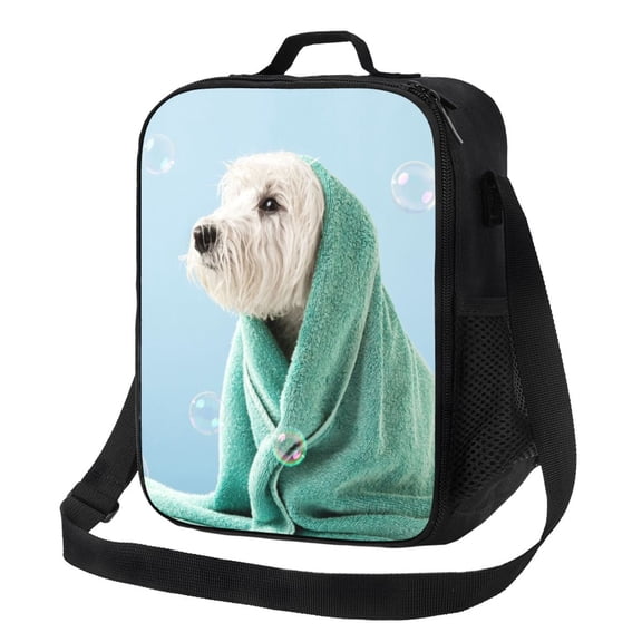 Honeii Dog Wrapped in Towel Print Insulated Lunch Bag, Reusable Lunch Box for Adult, Leakproof Cooler Bag for Work Office Travel Picnic