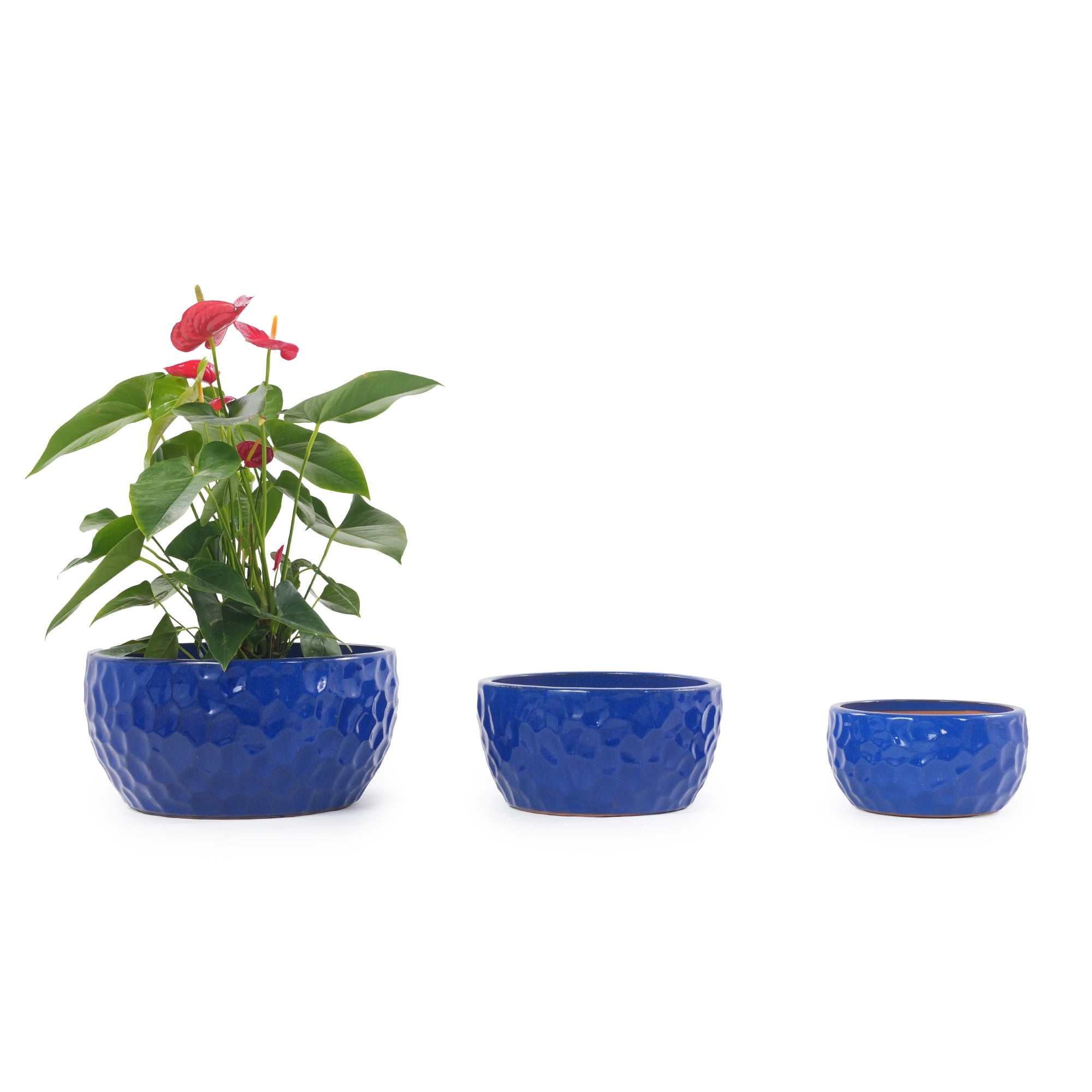 Leumius Set of 3 Handmade Ceramic Planter, 15"/12"/10" Diameter, Cobalt Blue Hammered Texture, for Succulents & Violets, Indoor/Outdoor Use on Windowsill & Bookshelf Antique Blue