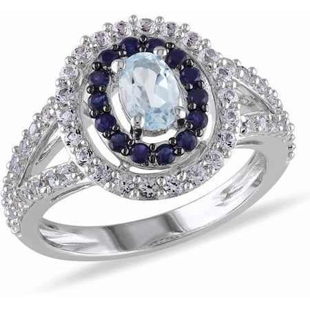 1-3/4 Carat T.G.W. Blue Topaz with Created Blue and White Sapphire Sterling Silver Halo Ring