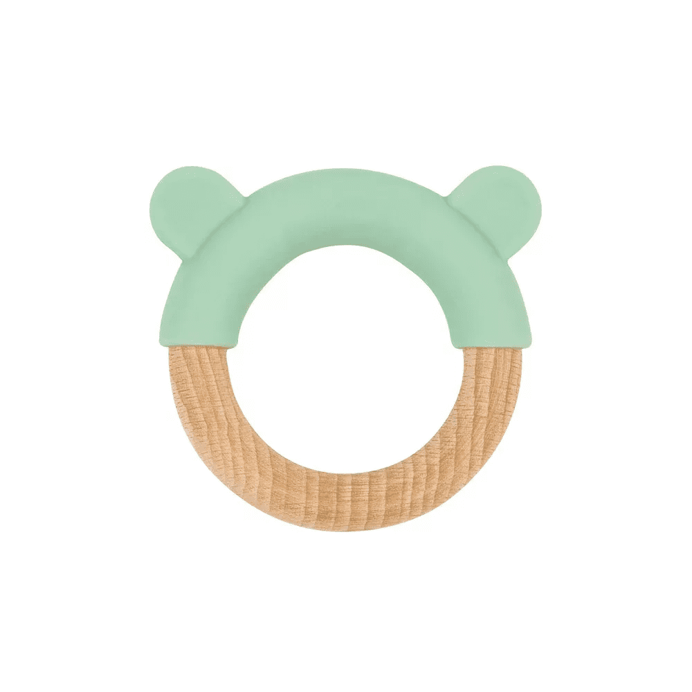 SARO Beechwood & Silicone Pink Teether - Natural Teething Relief Toy for Baby Development 12-18 Months