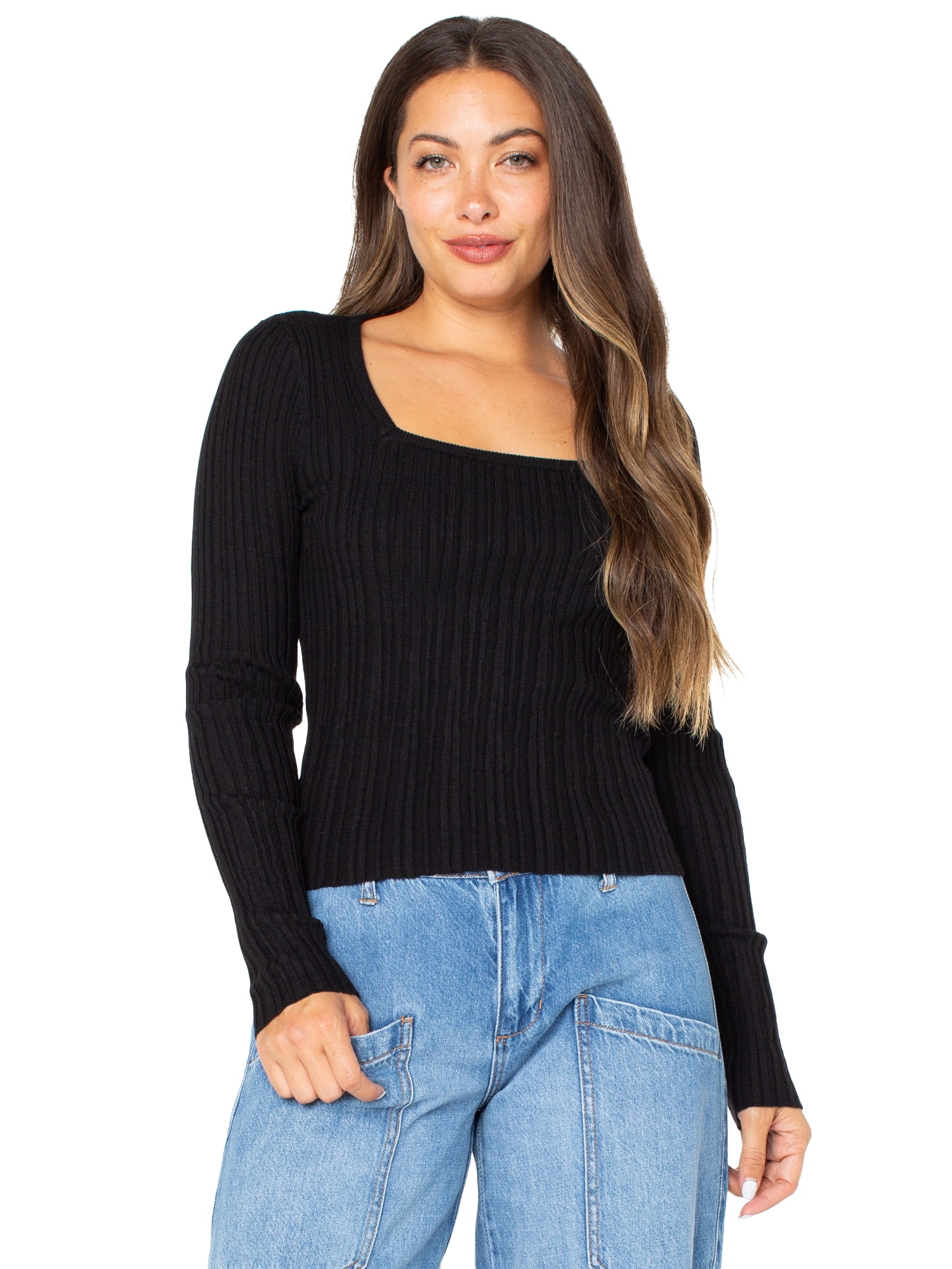 Celebrity Pink Women's Square Neck Ribbed Long Sleeve Top, Sizes XS-XXXL