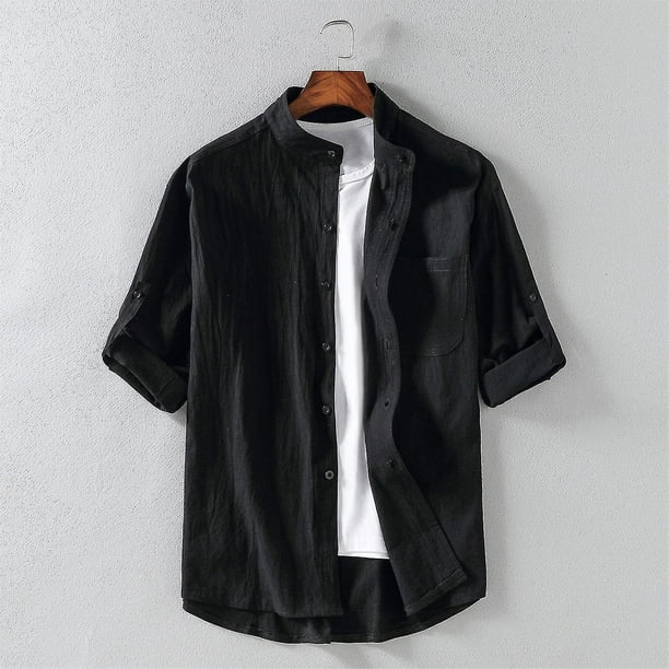 Camisa de playa con aspecto de lino y algodón de verano para hombre, camisas informales con botones de manga 3/4 para vacaciones, Tops de talla grande, negro 5XL esquí esquí Gafas de esquí