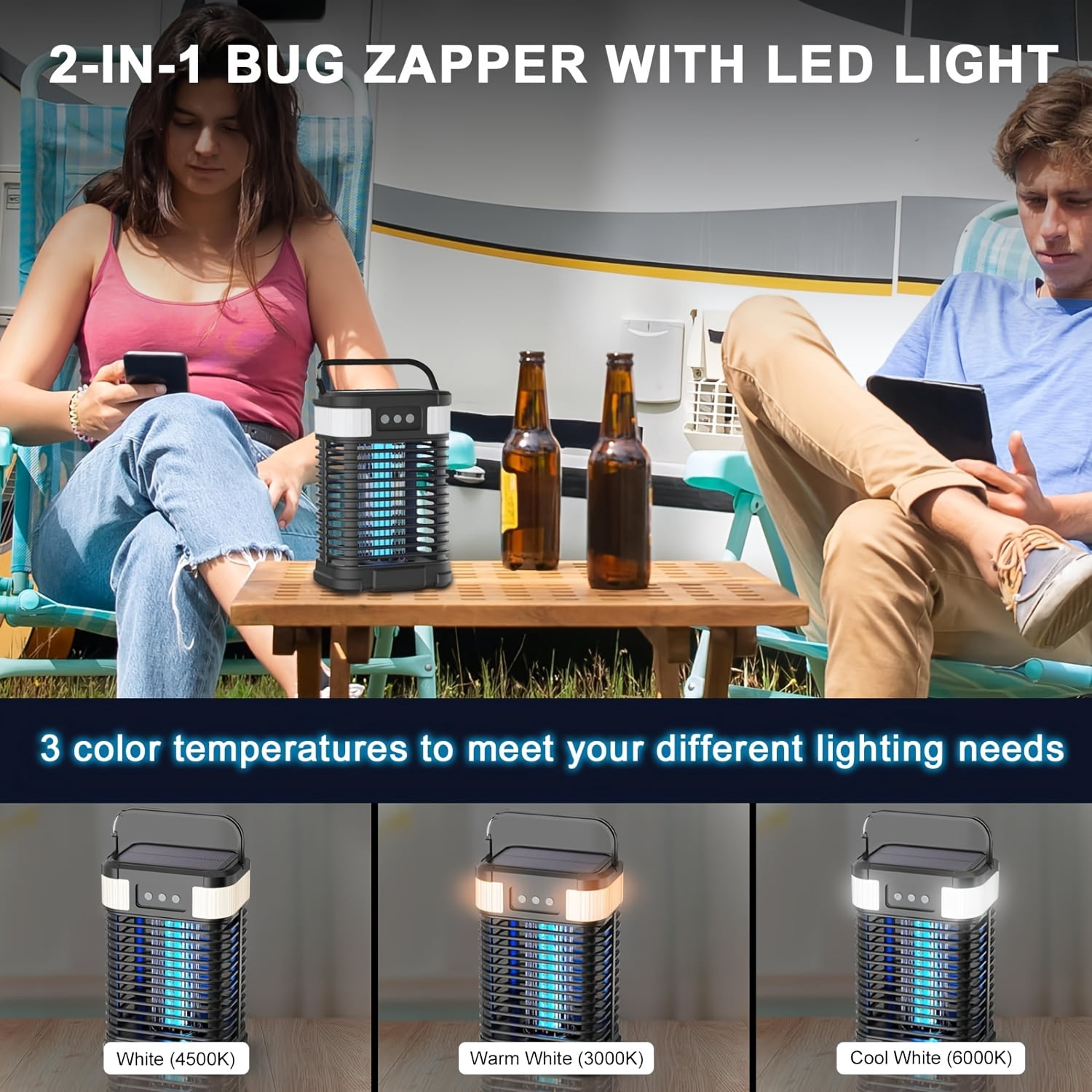 1Pc Solar Bug Zapper, 5-in-1 Multifunctional Portable Lantern, 3500mAh Battery with Light Sensor, Multiple Lighting Modes, Indoor Outdoor Mosquito Killer for Garden Yard Camping