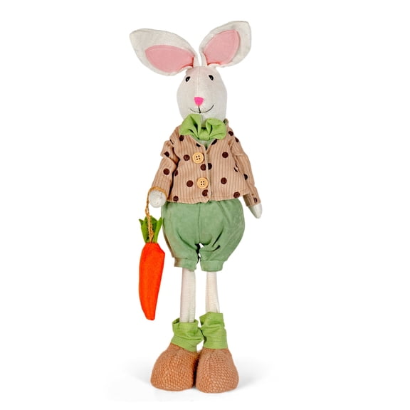 STPgoods Rabbit Boy with Carrot Easter Figurine 18.5" (47 cm) Fabric Easter Decoration Standing Decoration Easter Collectible Figurine Holiday Decor Tabletop Favor Figurine, Green and Beige
