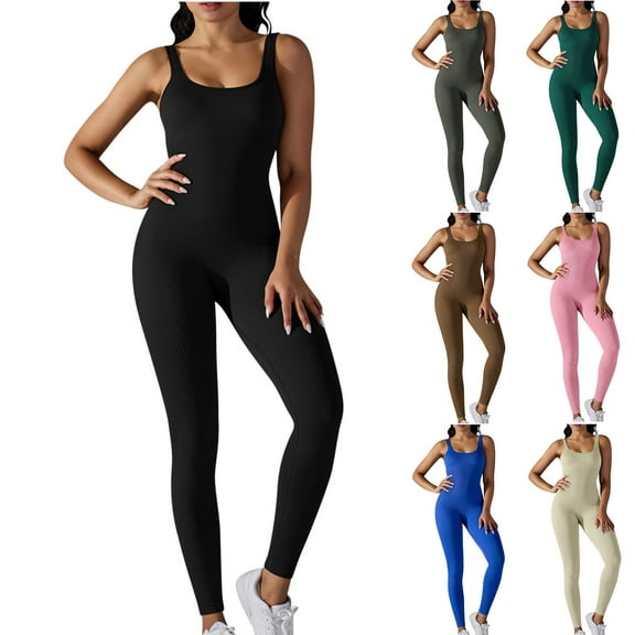 PXLKNZH Women Workout Yoga Jumpsuit Sleeveless Bodycon One Piece Scoop Neck Exercise Romper Seamless Leggings JumpsuitsBlack,L