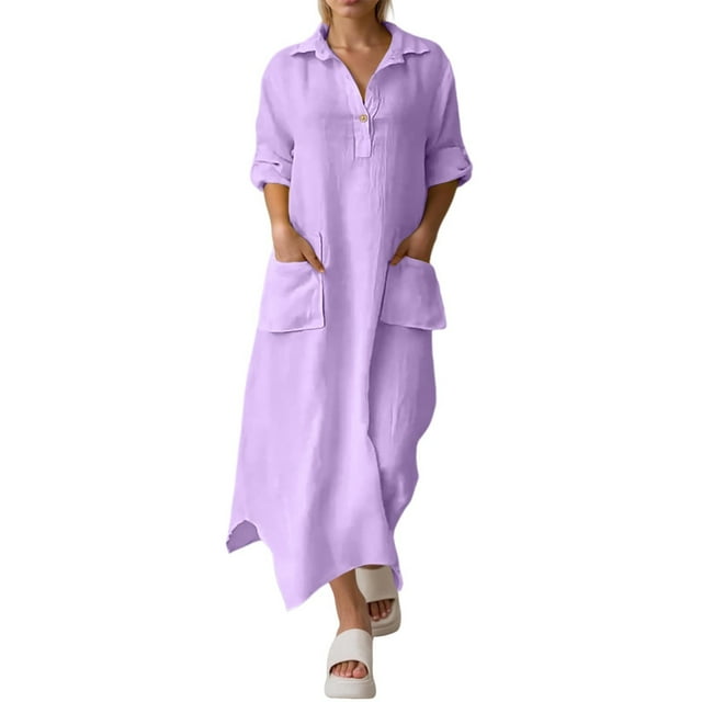 Vestido midi de lino para mujer - Cuello con solapa, bolsillos - Corte holgado - Informal/Trabajo - Color liso - S-XXXXXL