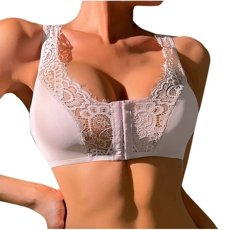 Front Close Lace Bra for Women Comfy Wireless Post Surgery Padded Support Wirefree Bra Racerback Low Cut Shapewear Bra