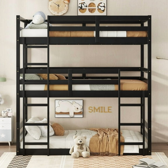 Triple Rubber Wood Bunk Bed with Two Built-in Ladders, Guardrails, Twin over Twin over Twin, Detachable Triple Twin Bunk Bed,Black