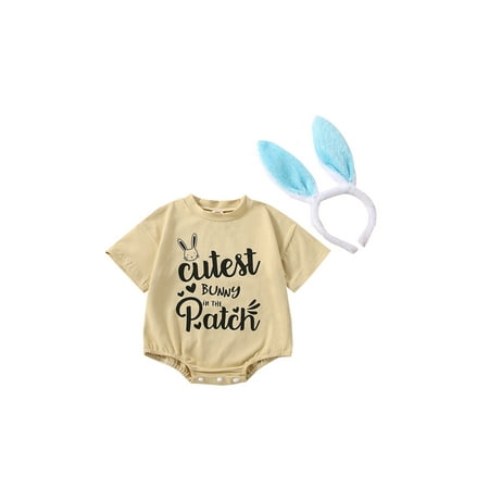 

Jamlynbo 0-18M Easter Baby Girls Boys Cute Romper 2pcs Letter Rabbit Printed Short Sleeve Summer Jumpsuits+Hairband