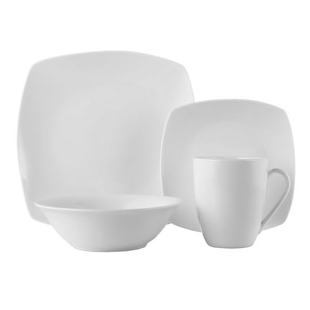 ROSCHER Dinnerware Dish Set (16-Piece) White, Ceramic Soft Square Dishes | Dinner and Salad Plates, Appetizer Bowls, Drink Mugs | Modern Kitchen Style | Dishwasher