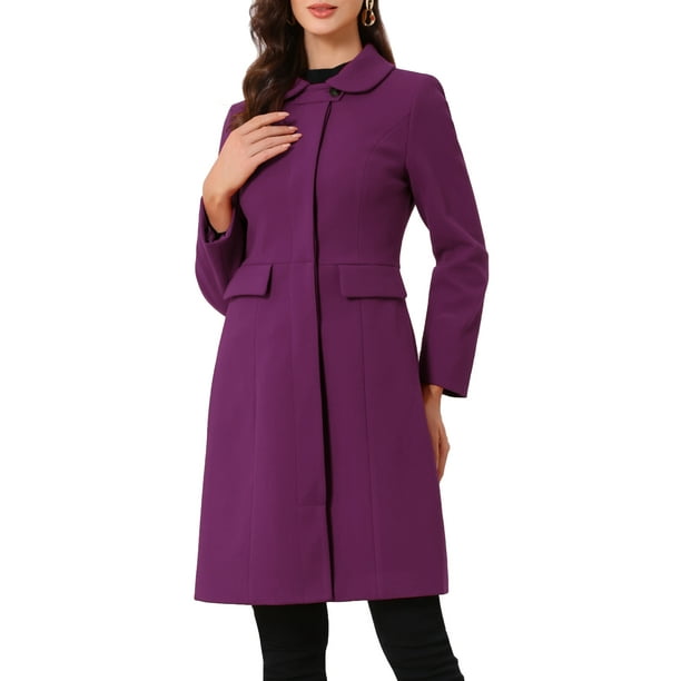 Abrigo de cuello Allegra K para mujer, con botones, de manga larga, estilo A-line, abrigos casuales largos de invierno, tamaño S, color púrpura oscuro