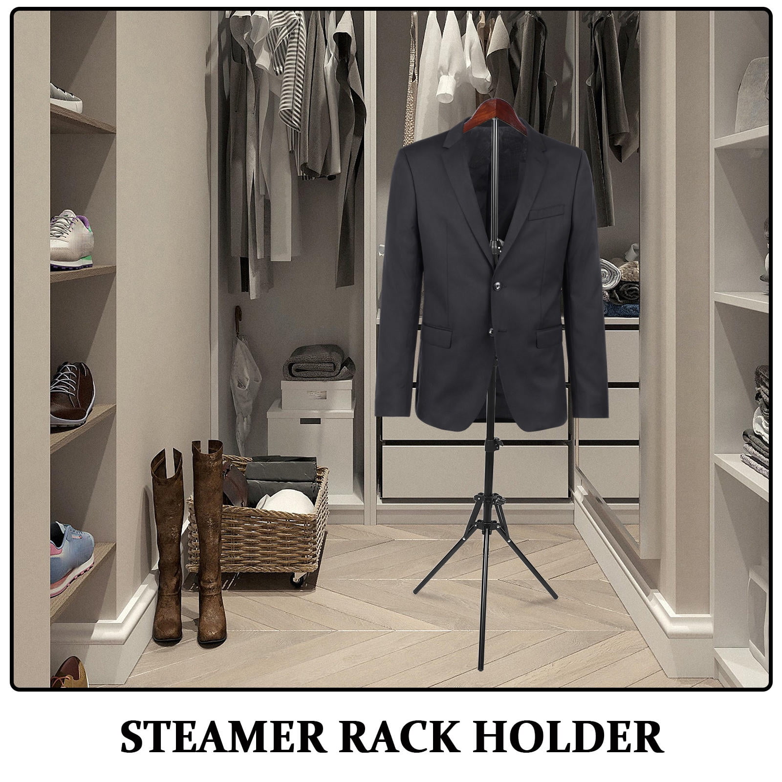 Luxshiny Adjustable Black Garment Steamer Rack for Clothes with Folding Design and Stable Support for Home Use