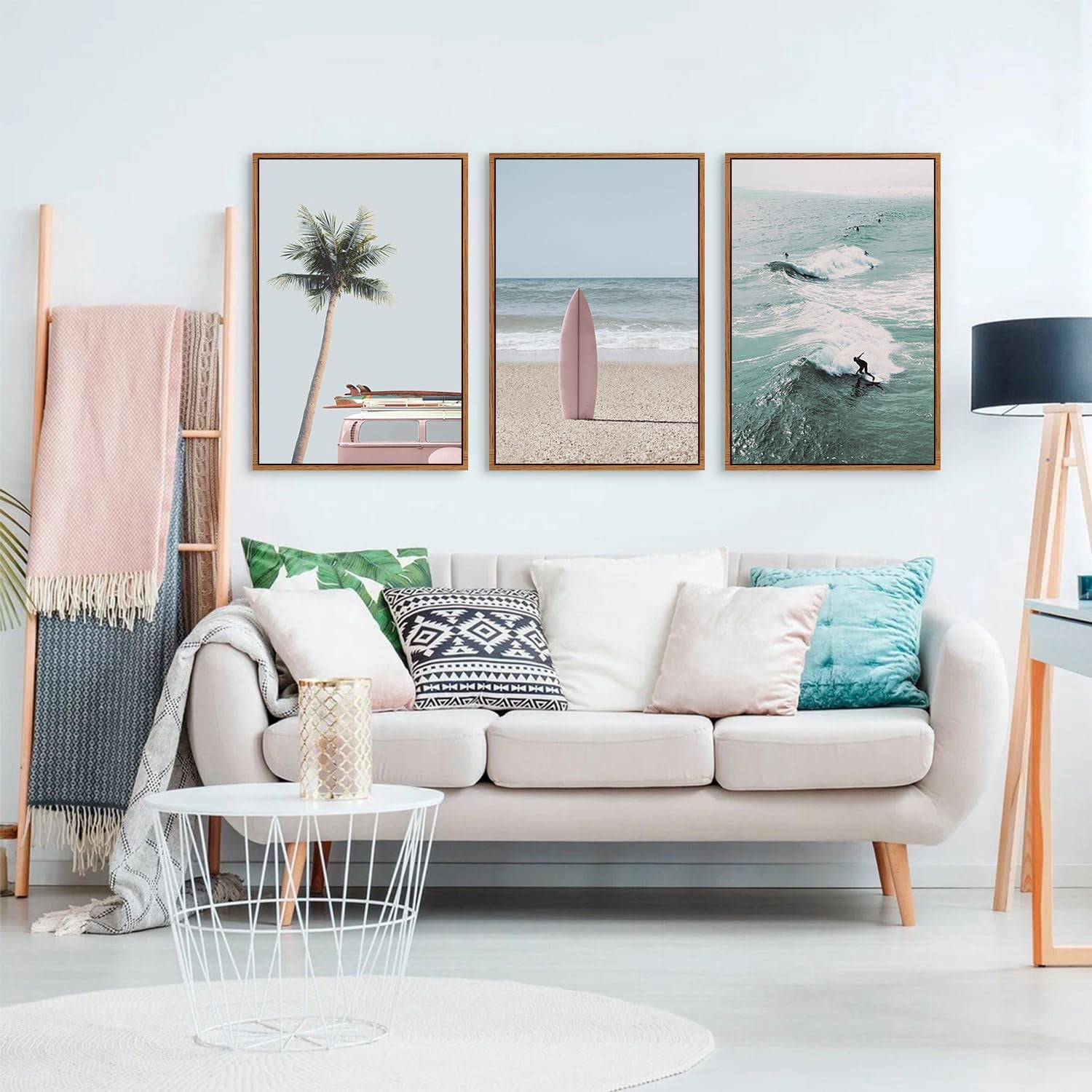 Beach Framed Canvas Wall Art Set, Palm Tree Surfboard Seascape Wall Decor, Ocean Surfing Wall Painting, Coastal Art Print for Living Room, Bedroom, Dining Room, Bathroom - Large Size 16"x24"x3
