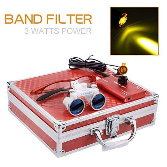 Surgical Binocular Loupes Optical Glass Loupe 3.5X420mm with LED Head Light Lamp (Red)