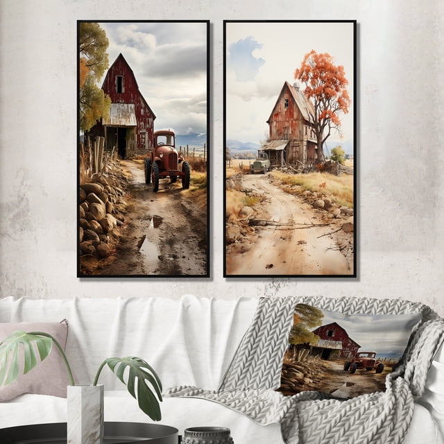 Designart "Barns Rustic beauty VII" Ensemble d'Art Mural Encadré Granges - Ensemble d'Art Mural Encadré Architecture Marron de 2