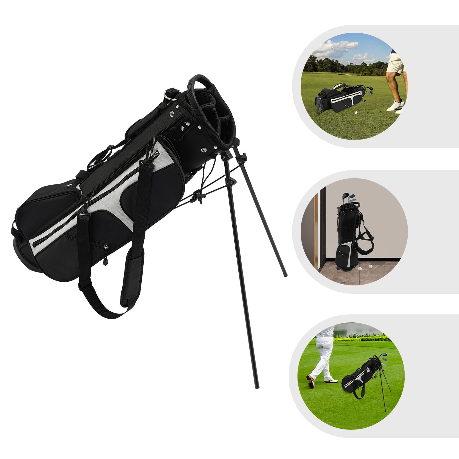 ToppiJoy Portable Golf Stand Bag Lightweight with 3 Dividers & 5 Pockets, Adjustable Shoulder Strap, Stable Stand for Driving Range, Par 3 & Executive Courses(Black+White)