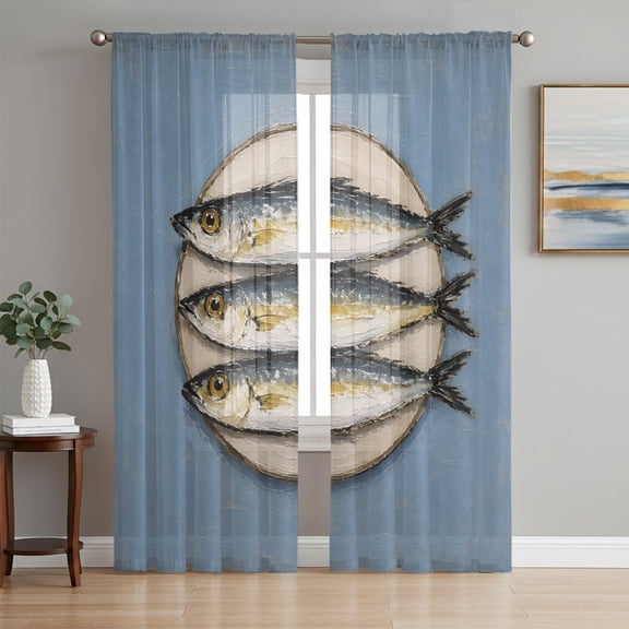 Navy Blue Fish Coastal Sheer Curtains 72 Inch Length 2 Panels Set, Nautical Vintage Summer Ocean Voile Window Treatment Rod Pocket Curtains Sheers Drapes for Bedroom/Living Room/Kitchen 52"x72"x2