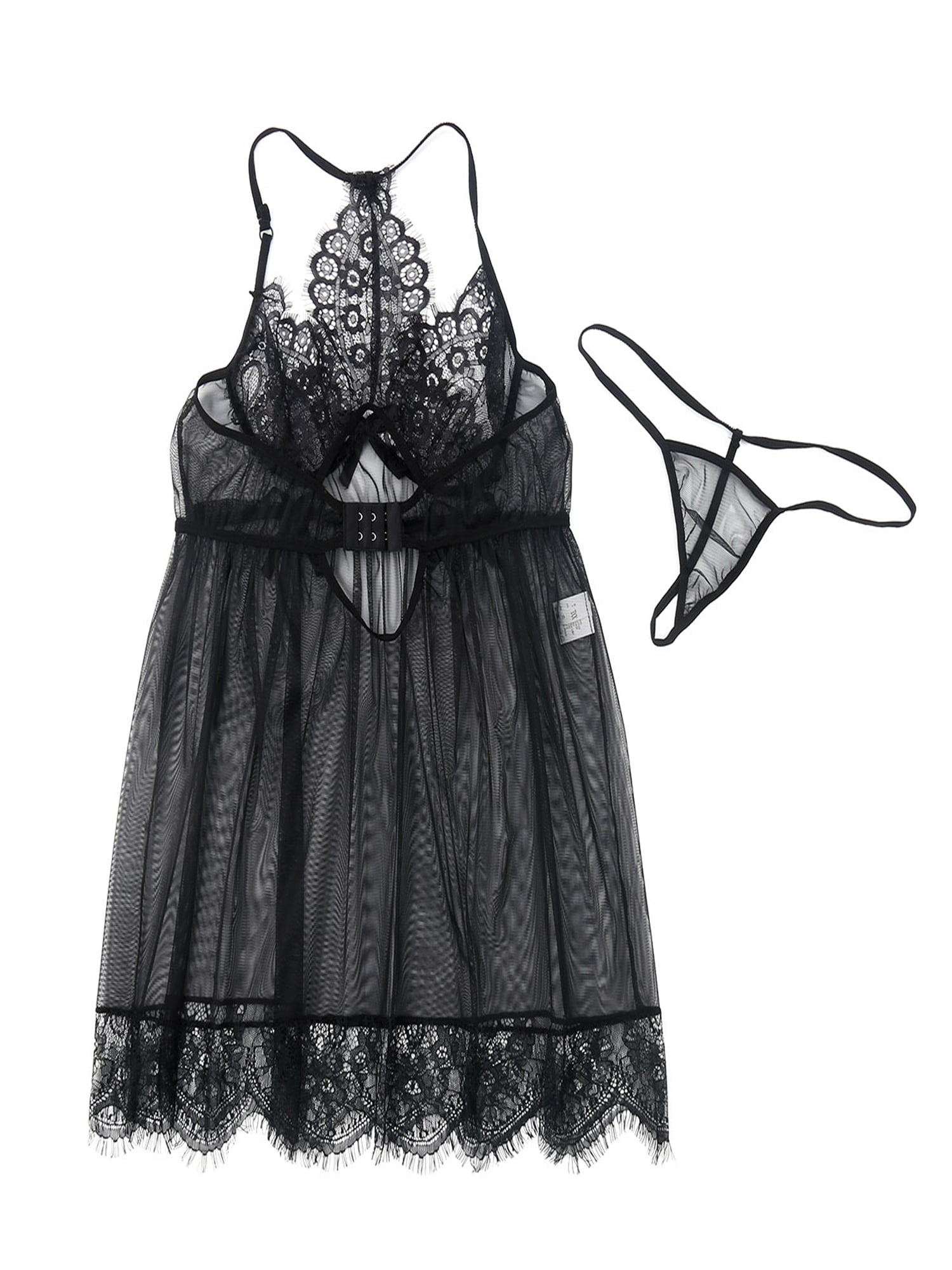 Women Plus Size Sexy Transparent Lace Strap Lingerie GString Sleepwear