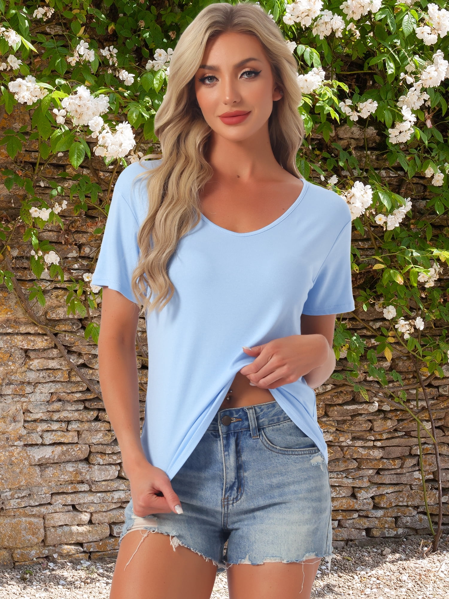 DARING DIVA Women's Short Sleeve V Neck Casual Tee XL Blue