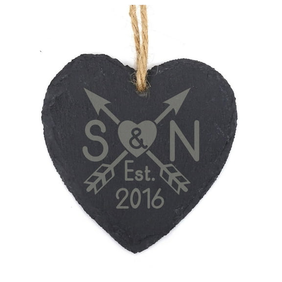 Darling Souvenir MADE WITH LOVE Personalized Initial Couple Names Arrow Engraved Slate Gift Hanging Christmas Tree Ornament With String