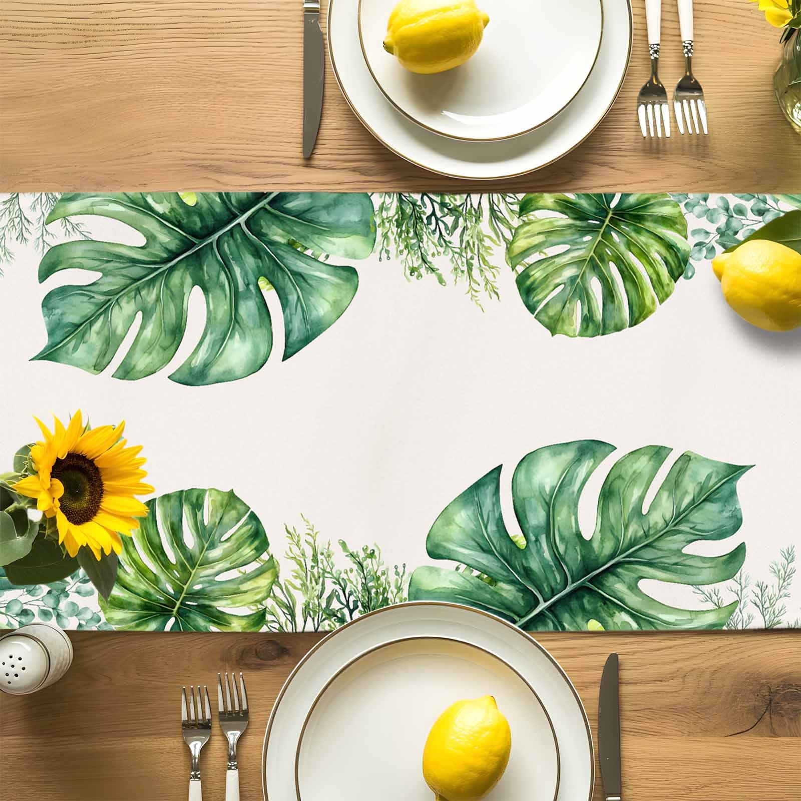 Summer Tropical Plants Palm Leaf Table Runner 90 Inches Long, Green Watercolor Leaves Table Runners Tabletop Scarf Kitchen Dining Tables Decoration for Home Party Indoor Outdoor