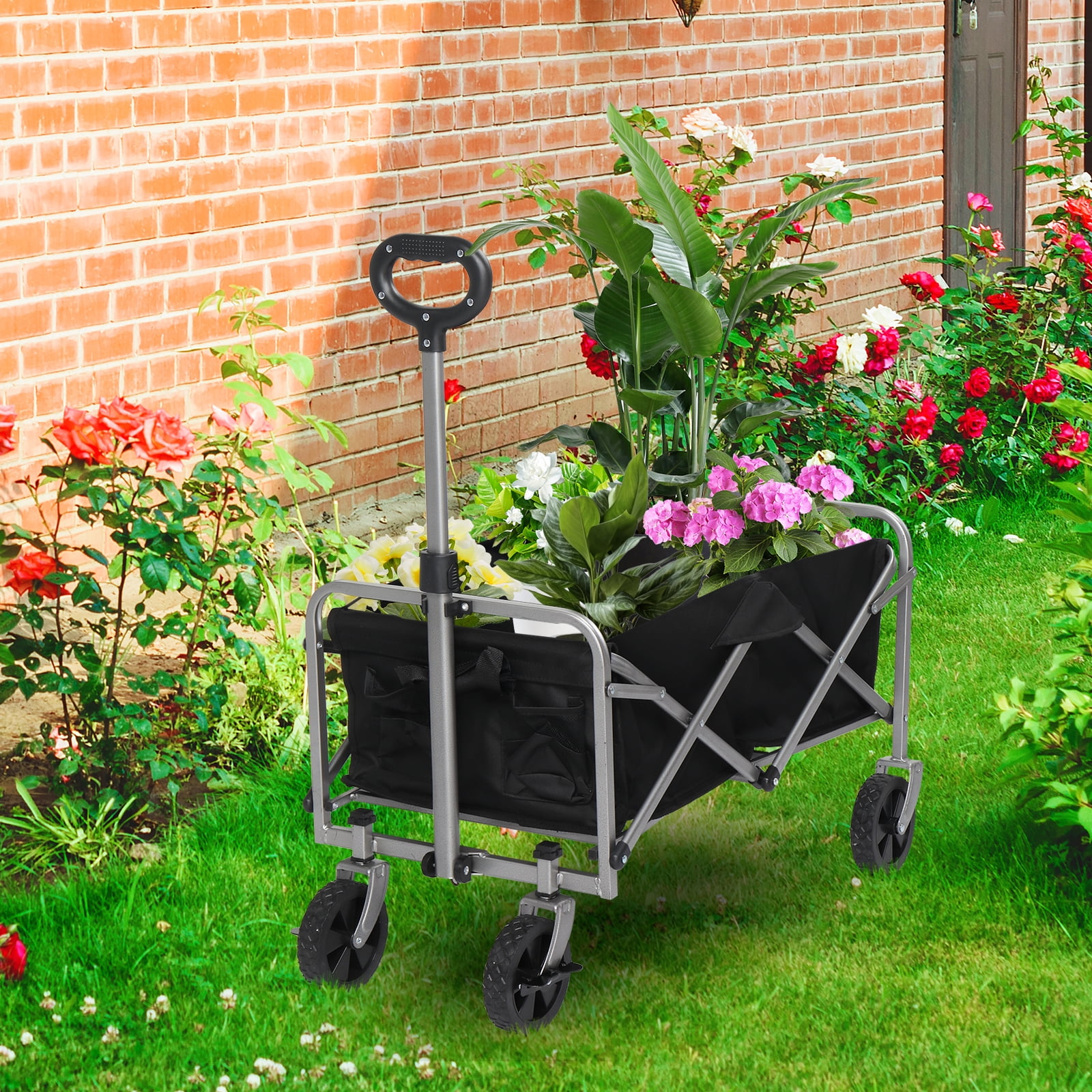 Garden Folding Cart, 600d Oxford Cloth Steel Frame Flat Folding Style Black Cloth Silver Frame, 74.5*45.5*84cm 100kg