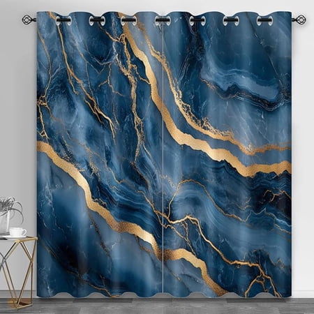 Navy Blue Marble Curtain For Living Room Luxury Gold Texture Blackout Curtains For Bedroom 3D Marble Drapes Grommet Top Window Treatments For Kitchen Decor 42 W x 84 L (Pack of 2)