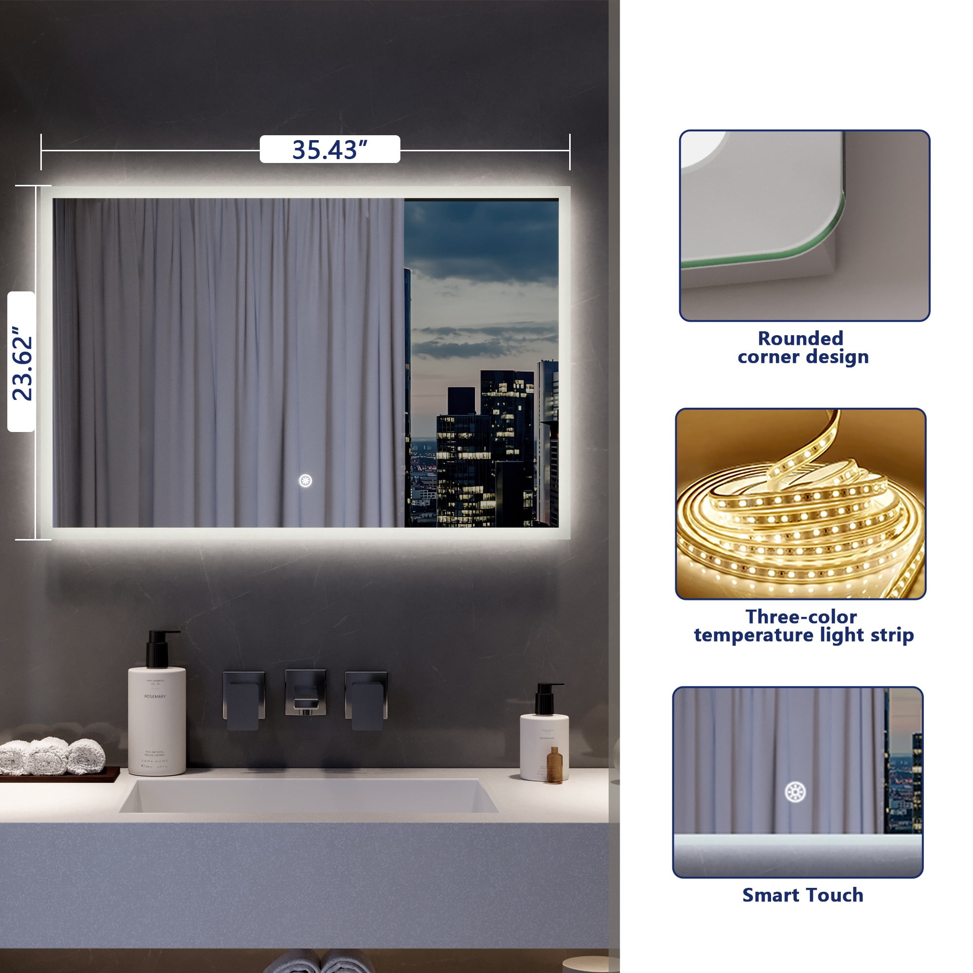 DeerValley 24" x 36" LED Bathroom Mirror ,3 Colors Temperature & Dimmable Light Anti-fog Memory Function Bathroom Vanity Mirror